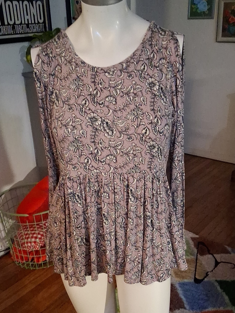 American Eagle Outfitters Pink Paisley Peplum Long-Sleeve Top